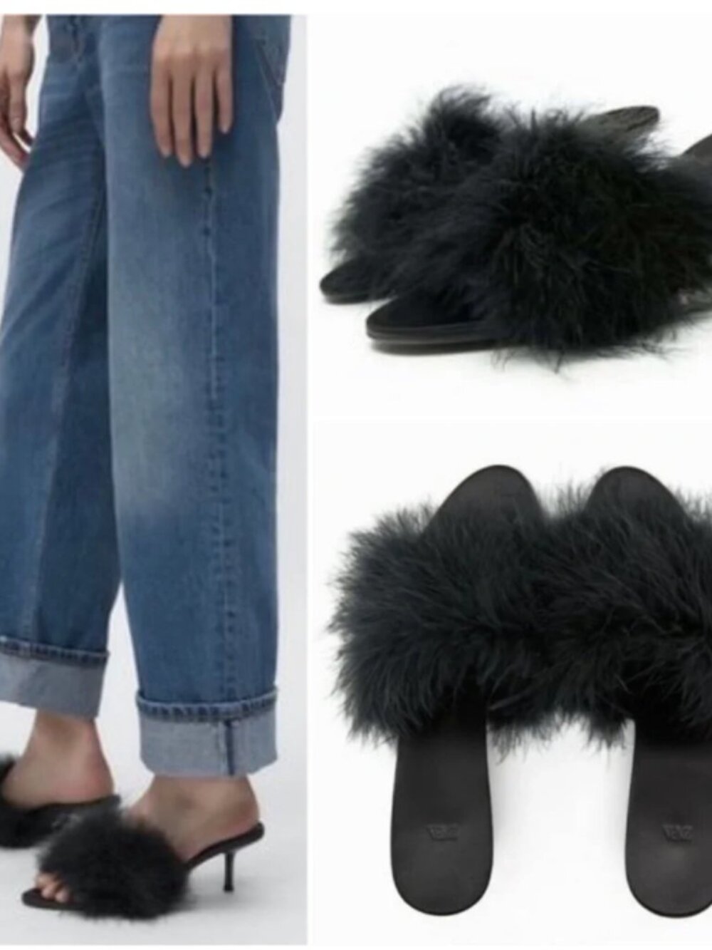ZARA BLACK FEATHERED KITTEN HEEL MULES EU38/US7.5